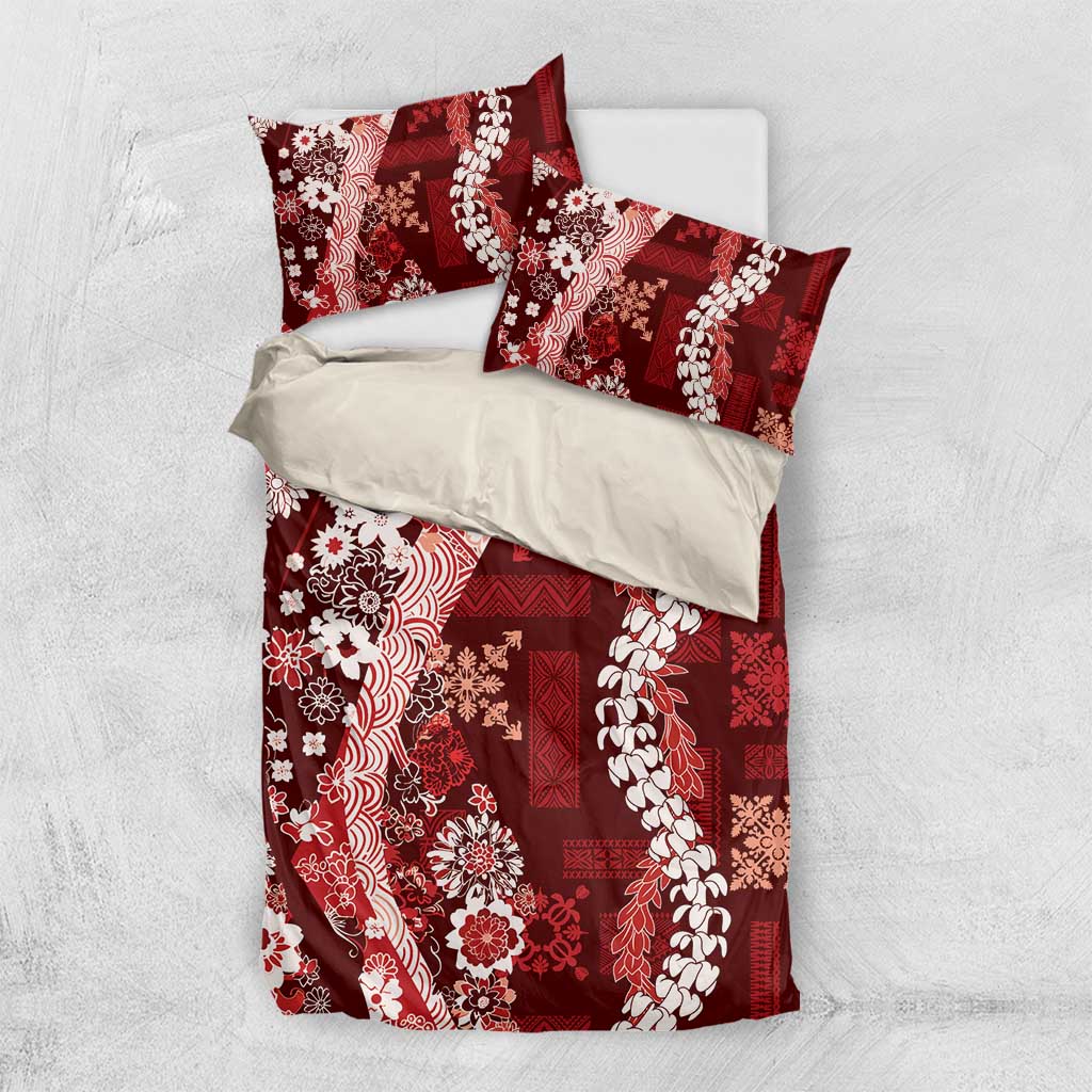 Hawaii Puakenikeni and Maile Lei Bedding Set Red Japanese Wave Style LT9 US Twin 172cm x 218cm Red - Polynesian Pride