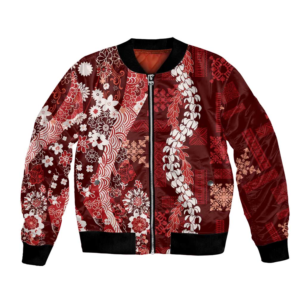 Hawaii Puakenikeni and Maile Lei Bomber Jacket Red Japanese Wave Style LT9 Unisex Red - Polynesian Pride