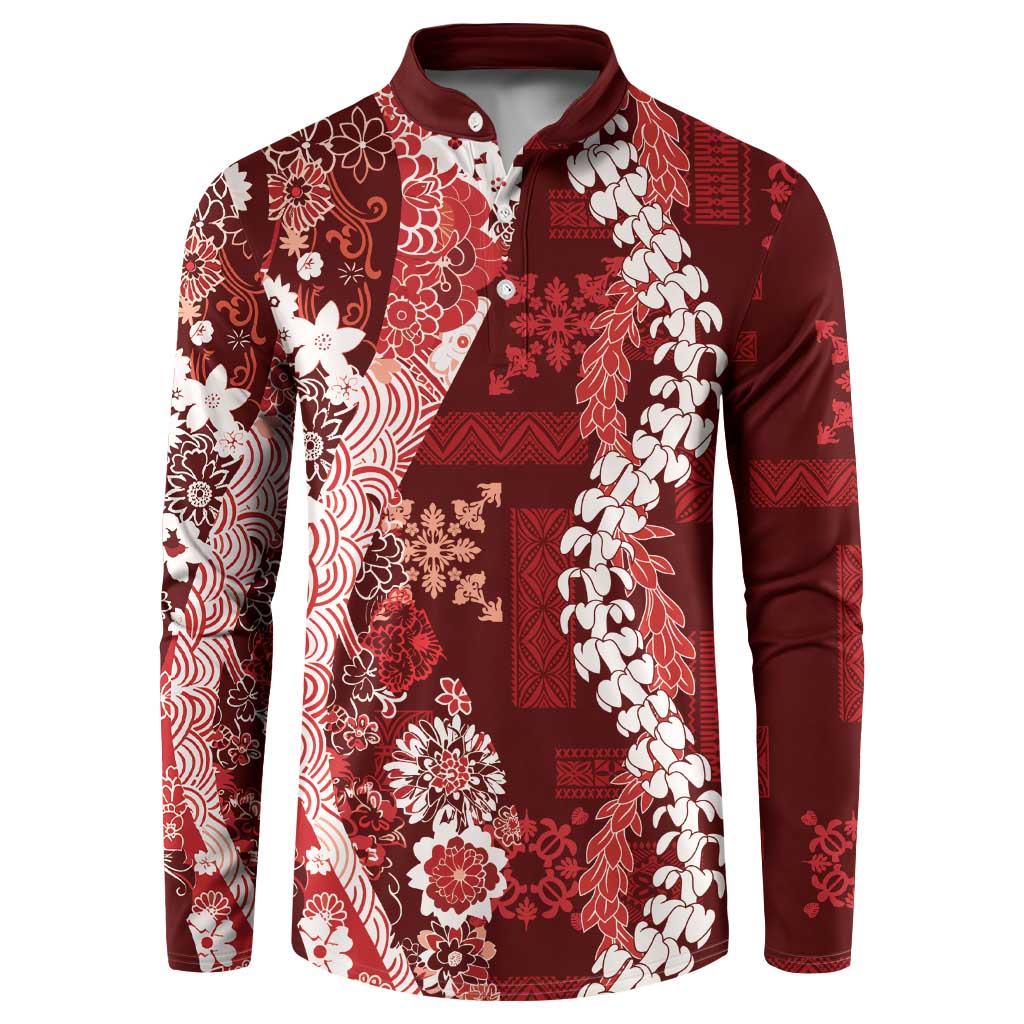 Hawaii Puakenikeni and Maile Lei Button Sweatshirt Red Japanese Wave Style LT9 Red - Polynesian Pride