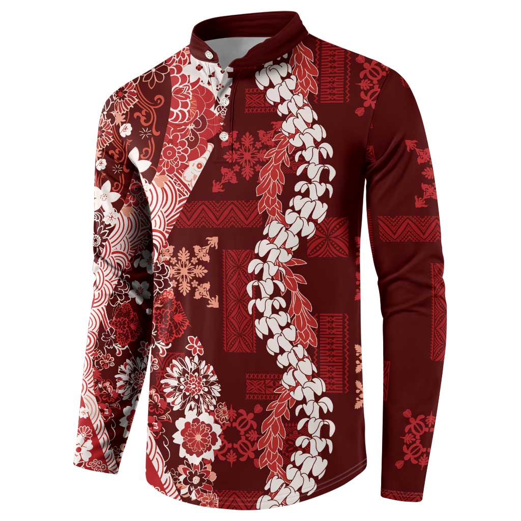 Hawaii Puakenikeni and Maile Lei Button Sweatshirt Red Japanese Wave Style LT9 - Polynesian Pride