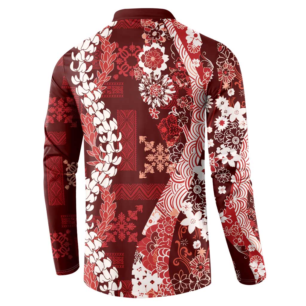 Hawaii Puakenikeni and Maile Lei Button Sweatshirt Red Japanese Wave Style LT9 - Polynesian Pride
