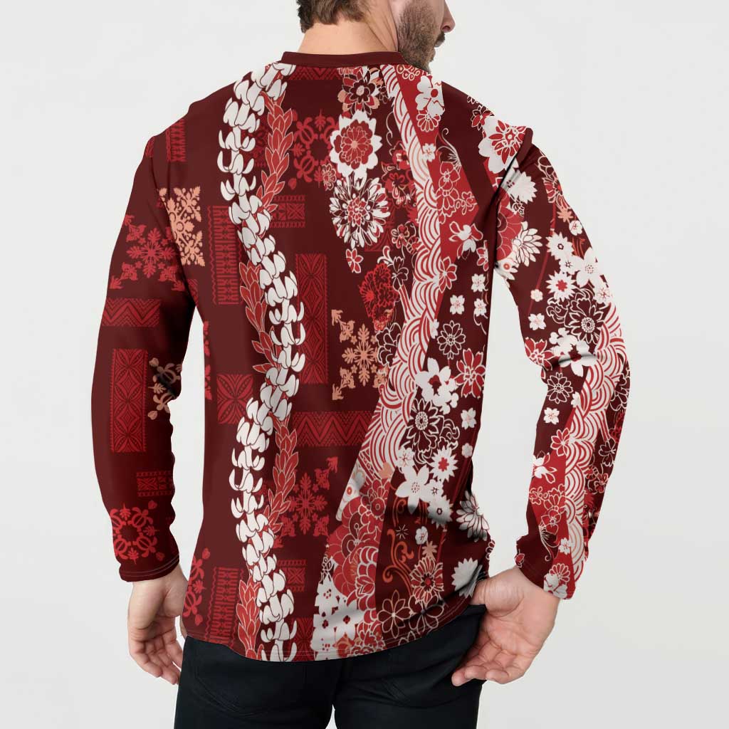 Hawaii Puakenikeni and Maile Lei Button Sweatshirt Red Japanese Wave Style LT9 - Polynesian Pride