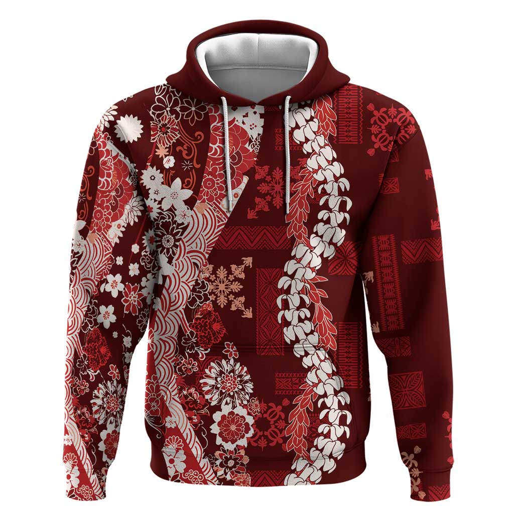 Hawaii Puakenikeni and Maile Lei Hoodie Red Japanese Wave Style LT9 Pullover Hoodie Red - Polynesian Pride