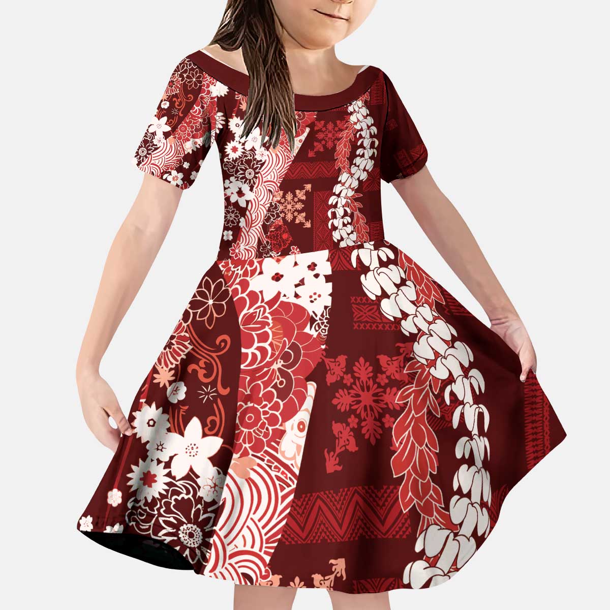 Hawaii Puakenikeni and Maile Lei Kid Short Sleeve Dress Red Japanese Wave Style LT9 KID Red - Polynesian Pride