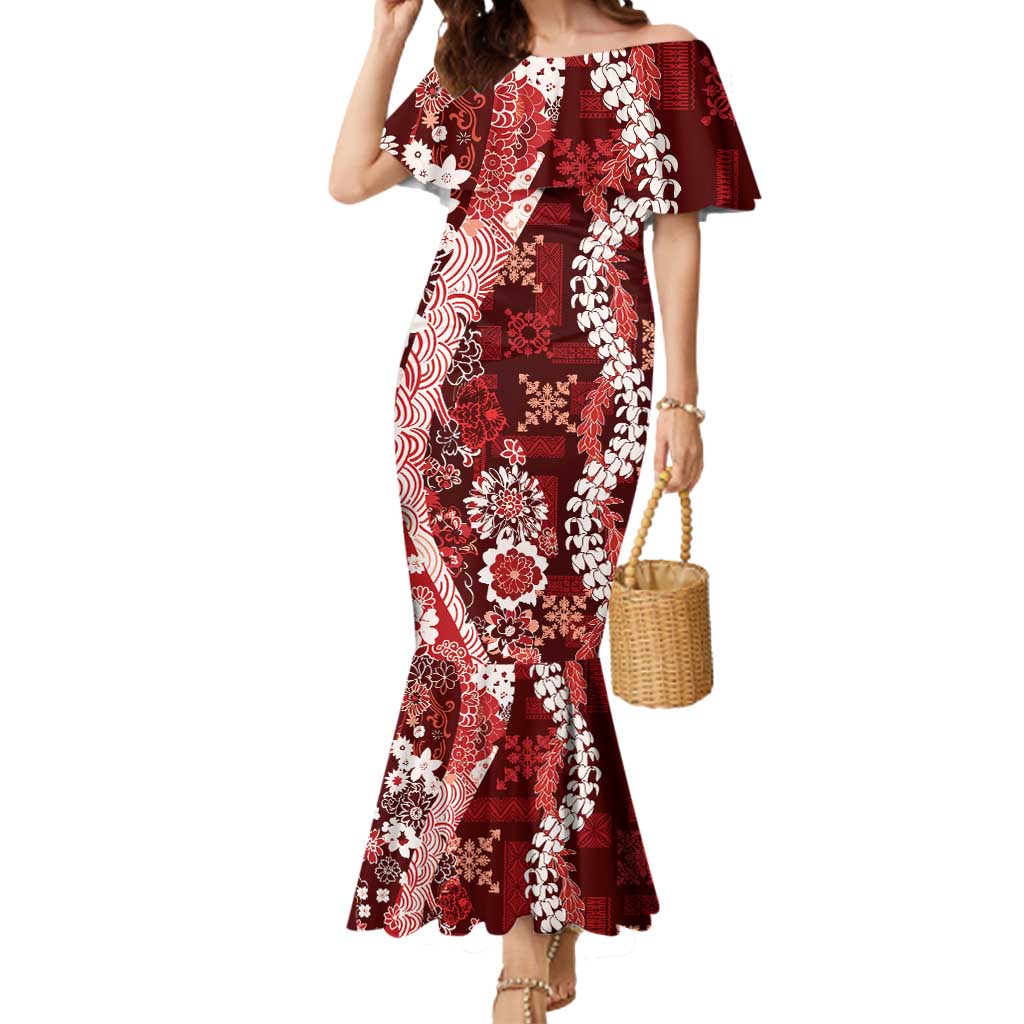 Hawaii Puakenikeni and Maile Lei Mermaid Dress Red Japanese Wave Style LT9 Women Red - Polynesian Pride
