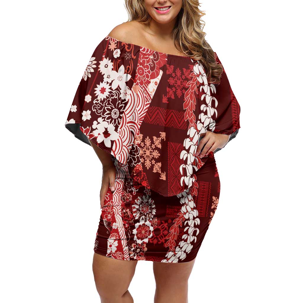 Hawaii Puakenikeni and Maile Lei Off Shoulder Short Dress Red Japanese Wave Style LT9 Women Red - Polynesian Pride