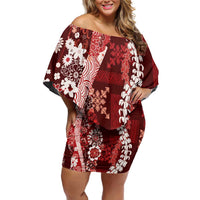 Hawaii Puakenikeni and Maile Lei Off Shoulder Short Dress Red Japanese Wave Style LT9 Women Red - Polynesian Pride