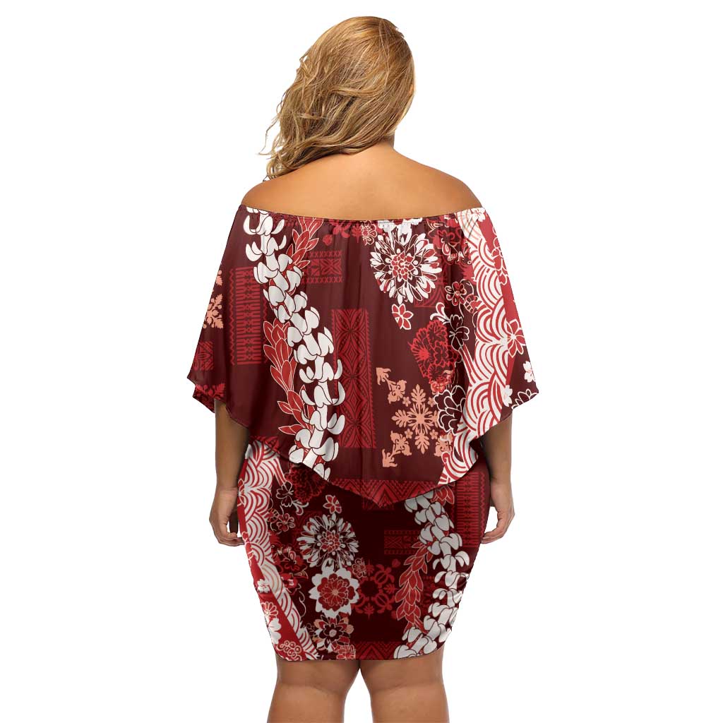 Hawaii Puakenikeni and Maile Lei Off Shoulder Short Dress Red Japanese Wave Style LT9 - Polynesian Pride