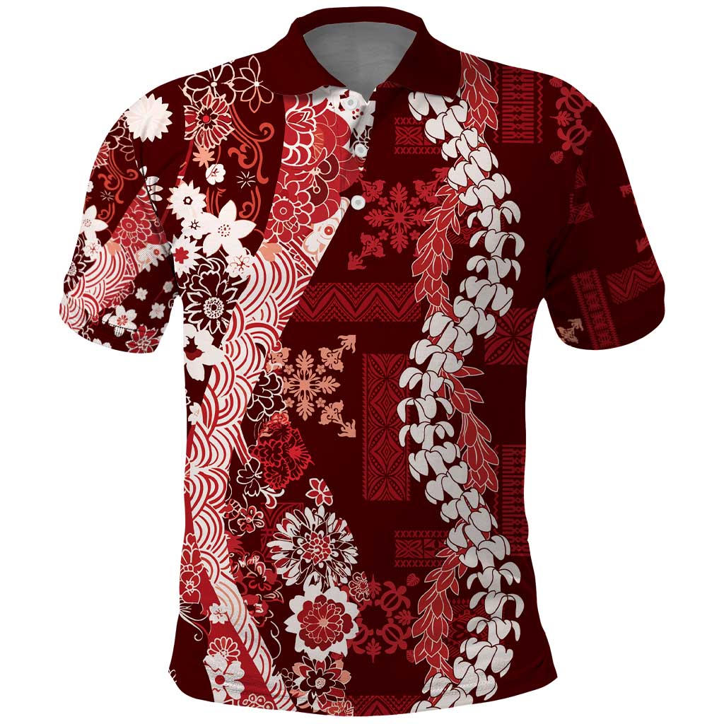 Hawaii Puakenikeni and Maile Lei Polo Shirt Red Japanese Wave Style LT9 Red - Polynesian Pride