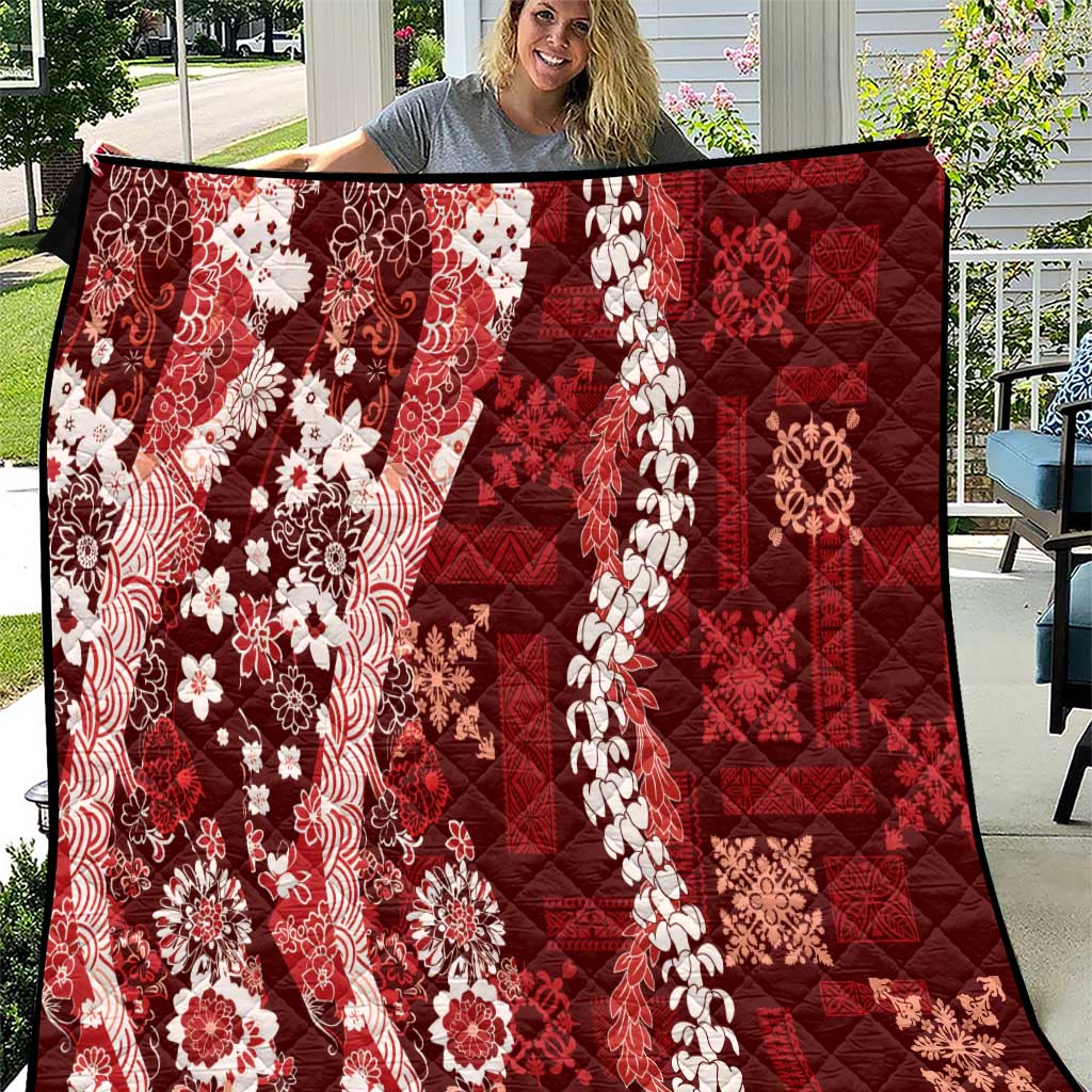 Hawaii Puakenikeni and Maile Lei Quilt Red Japanese Wave Style LT9 Red - Polynesian Pride