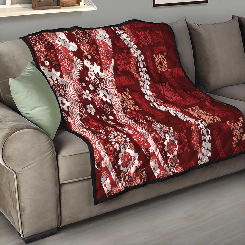 Hawaii Puakenikeni and Maile Lei Quilt Red Japanese Wave Style LT9 - Polynesian Pride