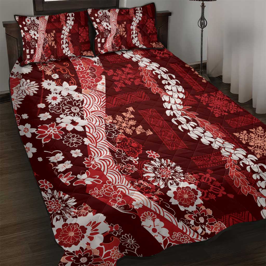 Hawaii Puakenikeni and Maile Lei Quilt Bed Set Red Japanese Wave Style LT9 Red - Polynesian Pride
