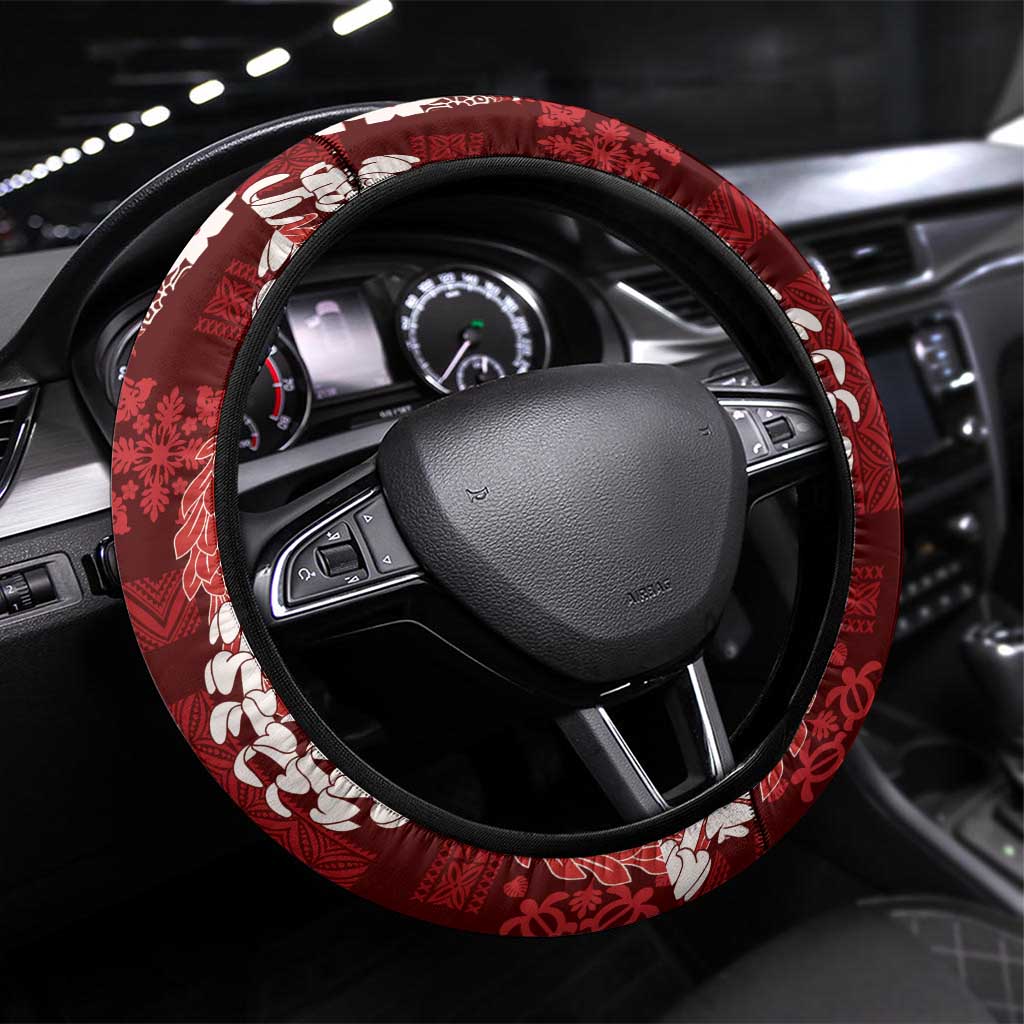 Hawaii Puakenikeni and Maile Lei Steering Wheel Cover Red Japanese Wave Style LT9 Universal Fit Red - Polynesian Pride