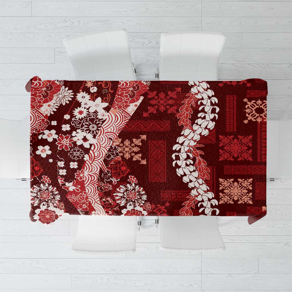Hawaii Puakenikeni and Maile Lei Tablecloth Red Japanese Wave Style LT9 Red - Polynesian Pride
