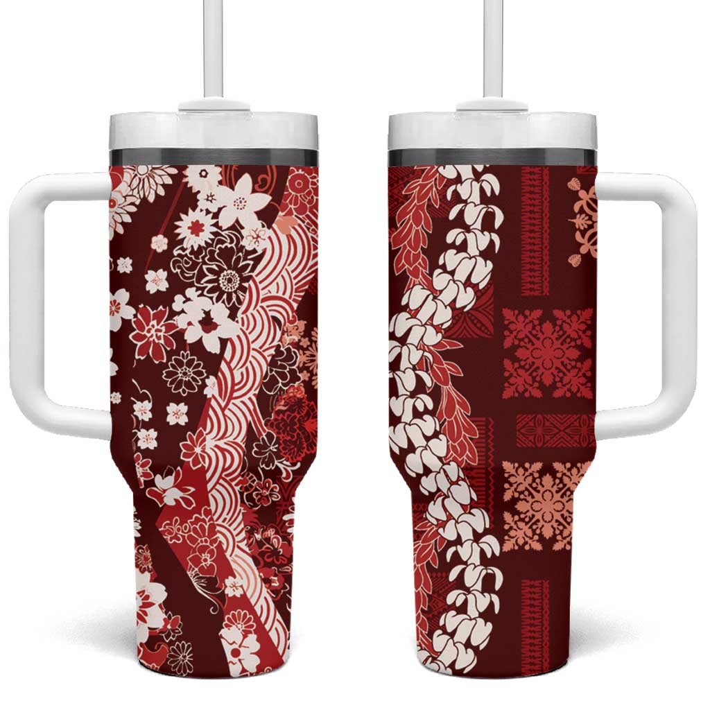 Hawaii Puakenikeni and Maile Lei Tumbler With Handle Red Japanese Wave Style LT9 One Size: 40 oz Red - Polynesian Pride