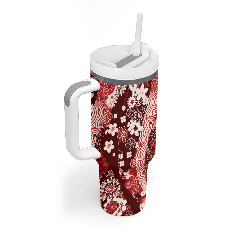 Hawaii Puakenikeni and Maile Lei Tumbler With Handle Red Japanese Wave Style LT9 - Polynesian Pride