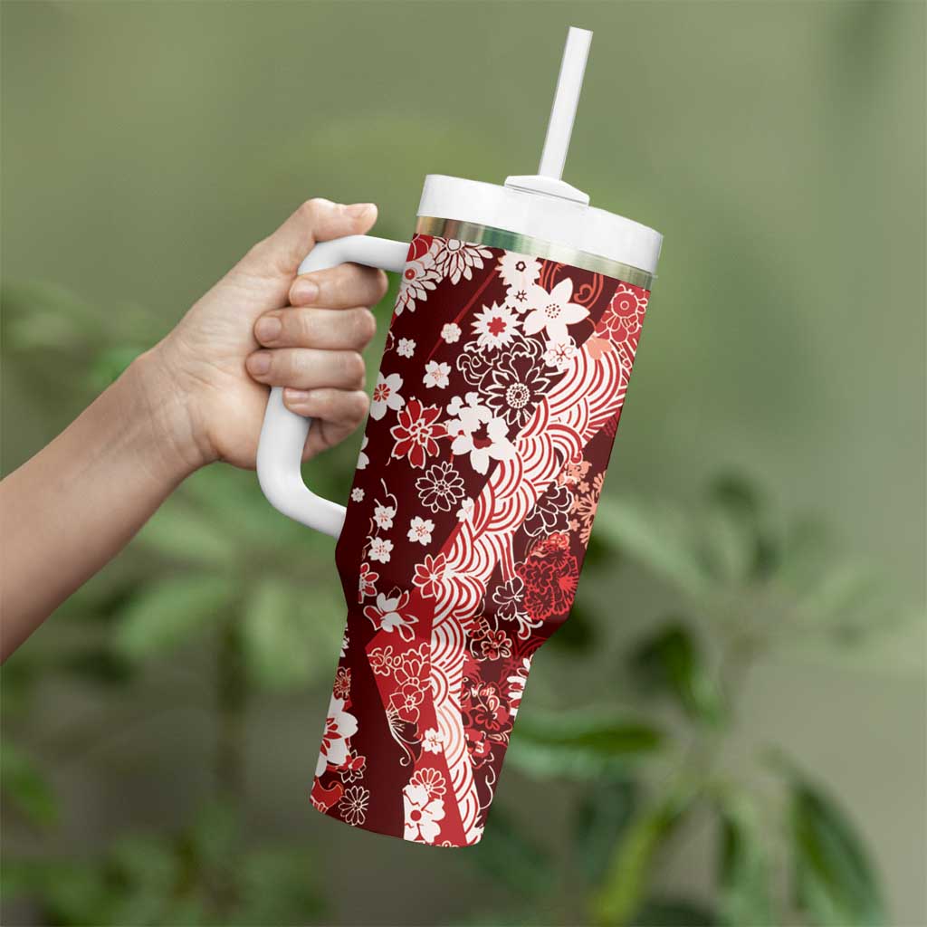 Hawaii Puakenikeni and Maile Lei Tumbler With Handle Red Japanese Wave Style LT9 - Polynesian Pride