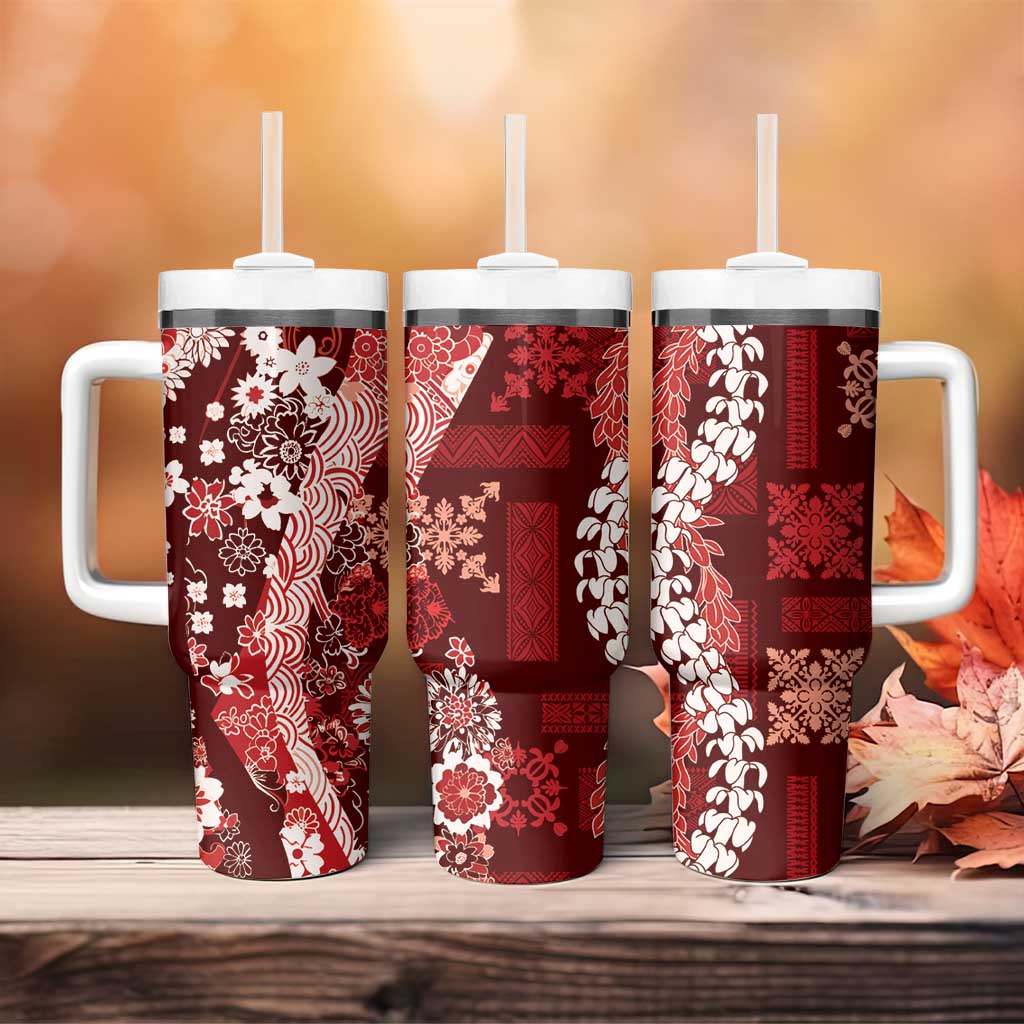 Hawaii Puakenikeni and Maile Lei Tumbler With Handle Red Japanese Wave Style LT9 - Polynesian Pride