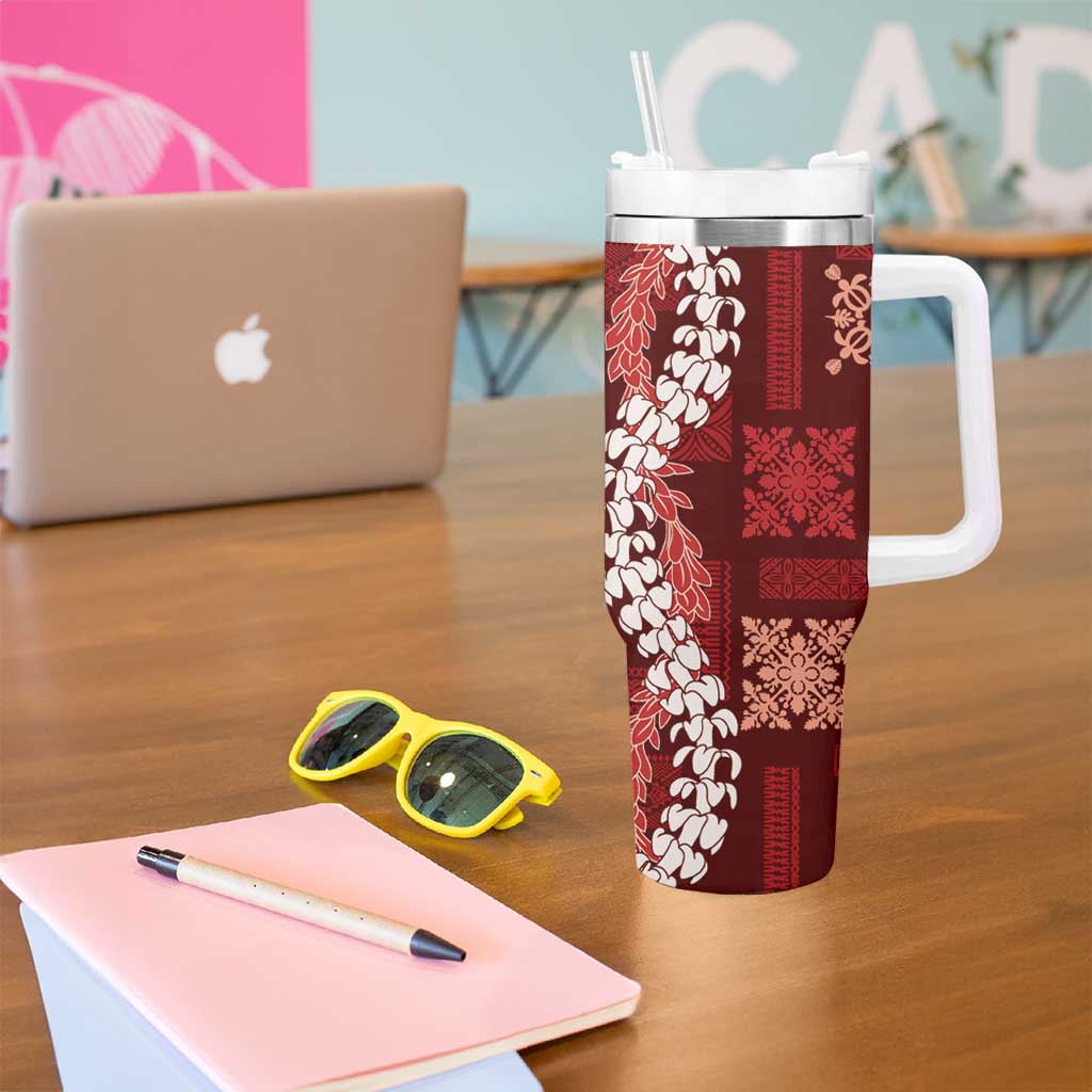 Hawaii Puakenikeni and Maile Lei Tumbler With Handle Red Japanese Wave Style LT9 - Polynesian Pride