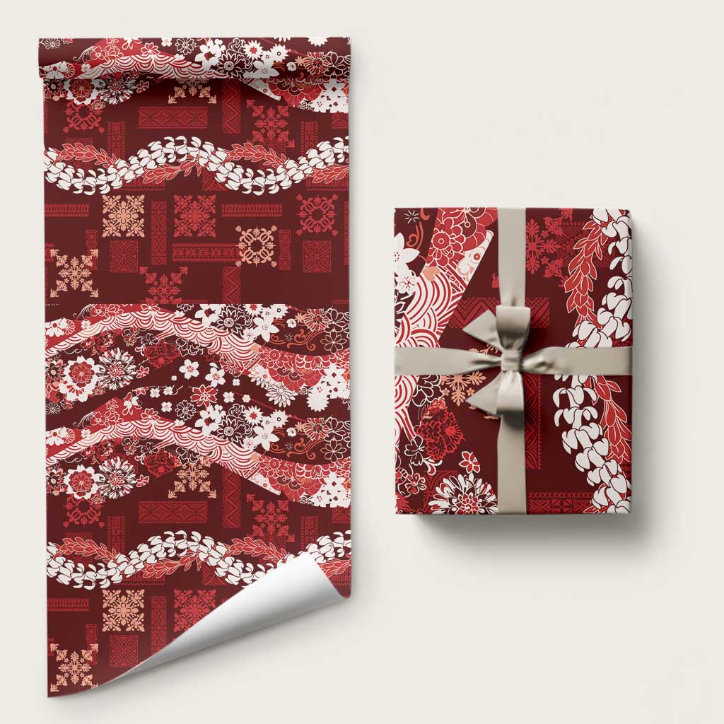Hawaii Puakenikeni and Maile Lei Wrapping Paper Red Japanese Wave Style LT9 58" × 23" Red - Polynesian Pride