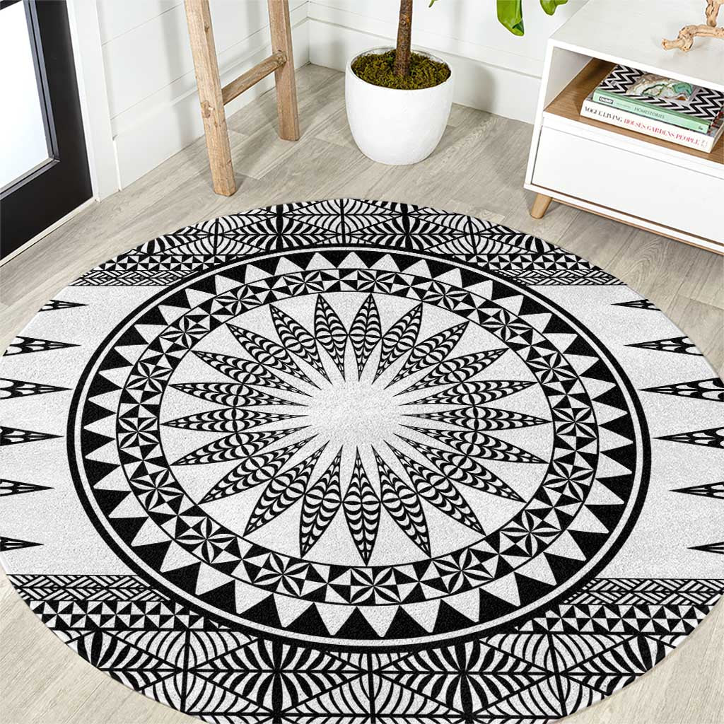 All White Tonga Malo e lelei Round Carpet Vintage Ngatu Tribal Pattern LT9 White - Polynesian Pride