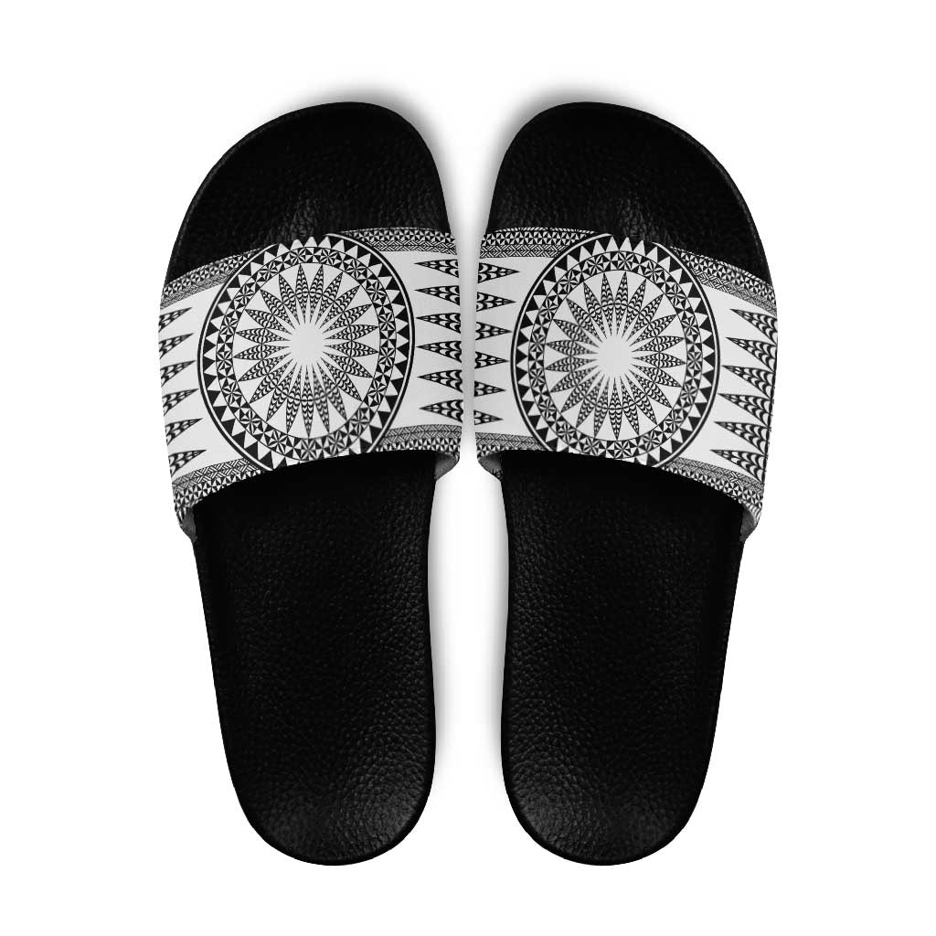 All White Tonga Malo e lelei Slide Sandals Vintage Ngatu Tribal Pattern LT9 White - Polynesian Pride