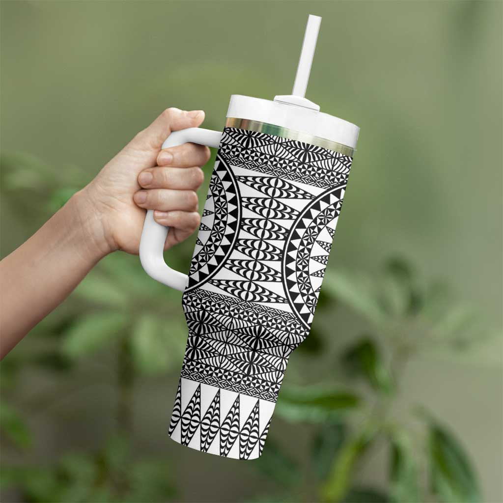All White Tonga Malo e lelei Tumbler With Handle Vintage Ngatu Tribal Pattern LT9 - Polynesian Pride