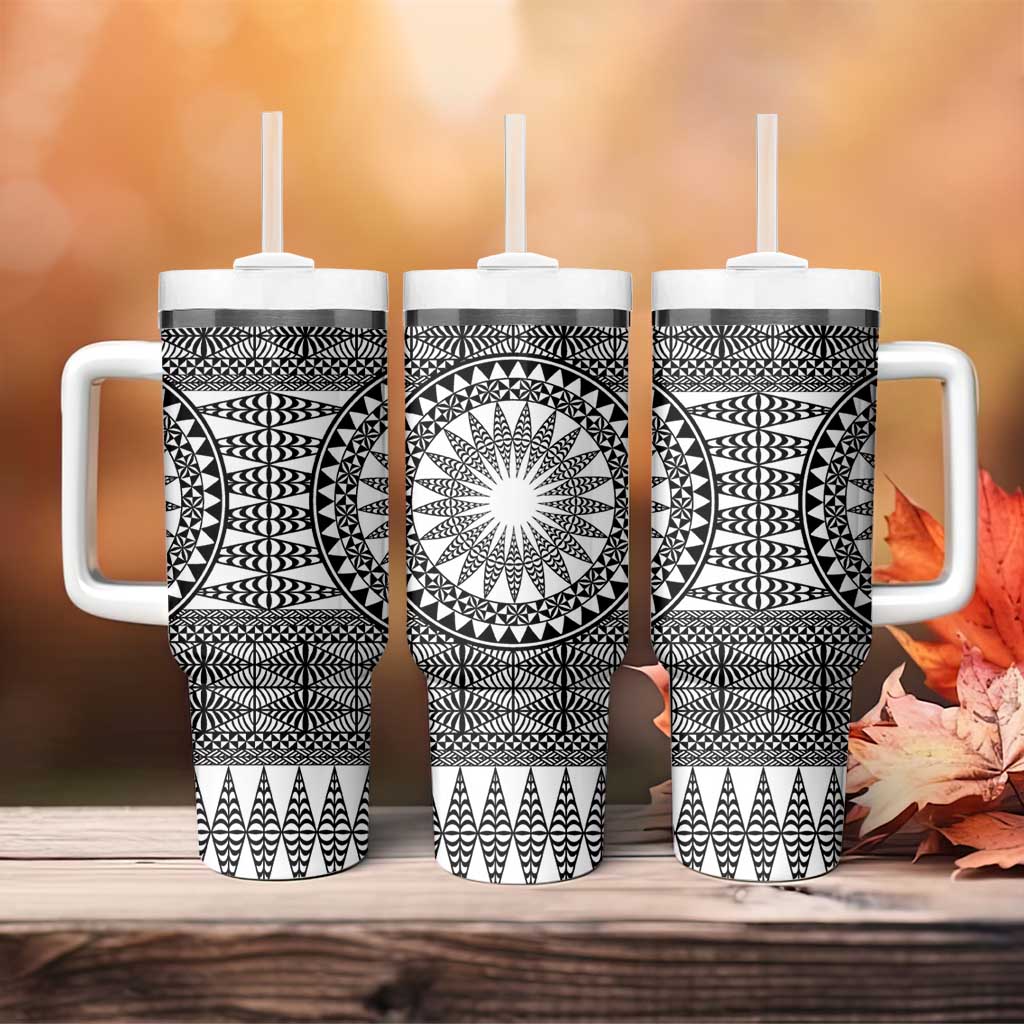 All White Tonga Malo e lelei Tumbler With Handle Vintage Ngatu Tribal Pattern LT9 - Polynesian Pride