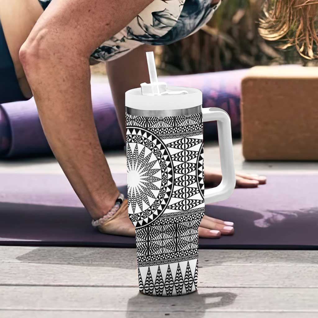 All White Tonga Malo e lelei Tumbler With Handle Vintage Ngatu Tribal Pattern LT9 - Polynesian Pride