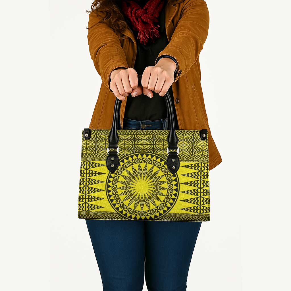 All Yellow Tonga Malo e lelei Leather Bag Vintage Ngatu Tribal Pattern LT9 - Polynesian Pride