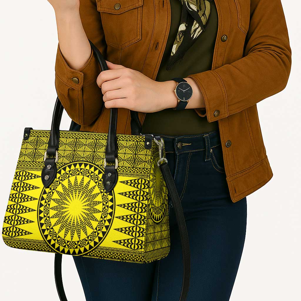 All Yellow Tonga Malo e lelei Leather Bag Vintage Ngatu Tribal Pattern LT9 - Polynesian Pride