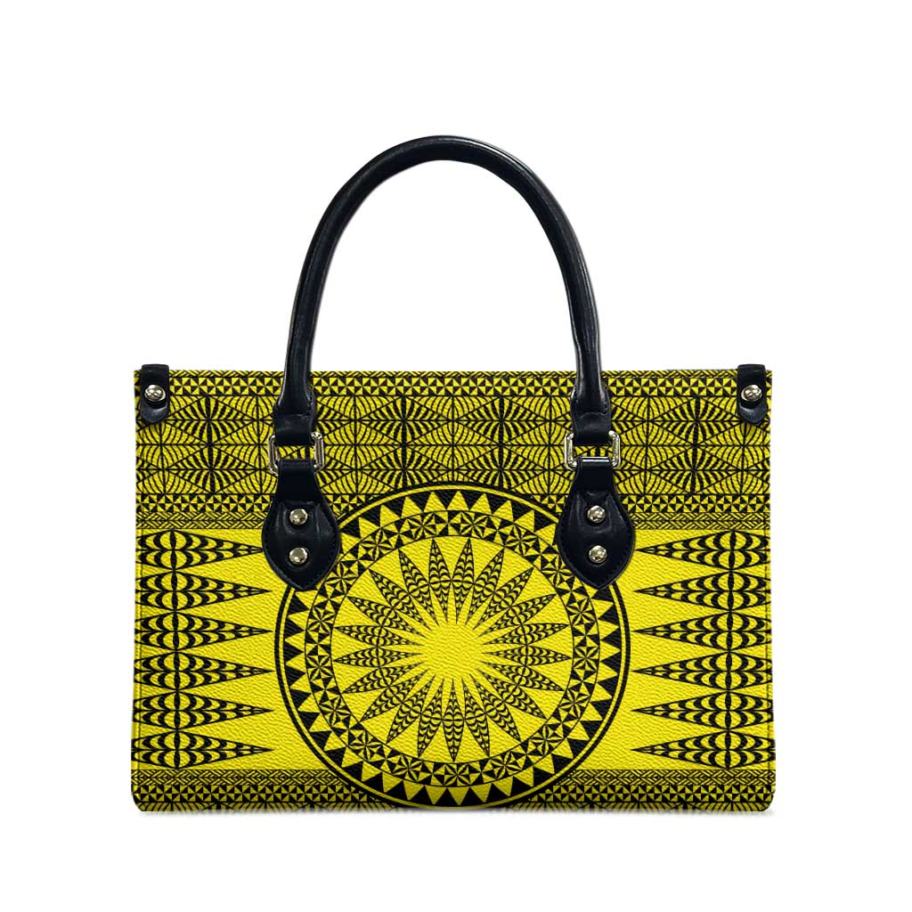 All Yellow Tonga Malo e lelei Leather Bag Vintage Ngatu Tribal Pattern LT9 - Polynesian Pride