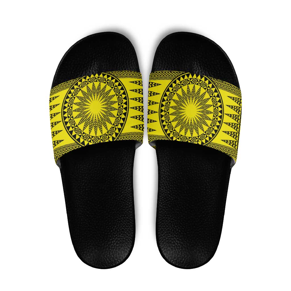 All Yellow Tonga Malo e lelei Slide Sandals Vintage Ngatu Tribal Pattern LT9 Yellow - Polynesian Pride