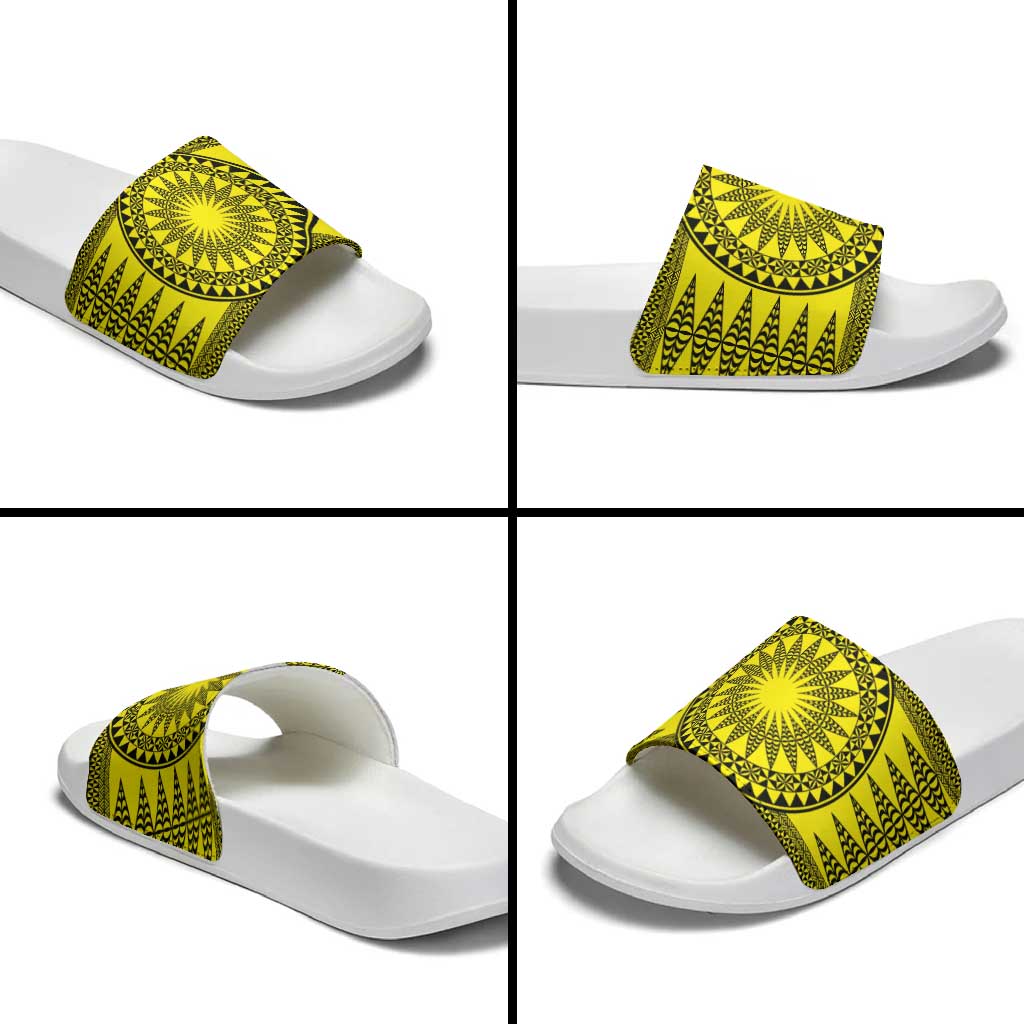All Yellow Tonga Malo e lelei Slide Sandals Vintage Ngatu Tribal Pattern LT9 - Polynesian Pride