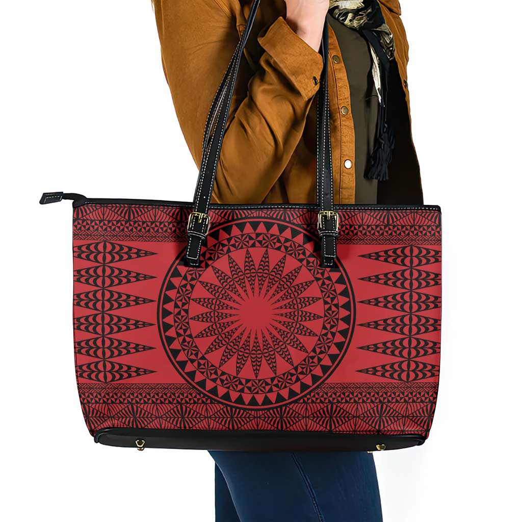 All Red Tonga Malo e lelei Leather Tote Bag Vintage Ngatu Tribal Pattern LT9 - Polynesian Pride