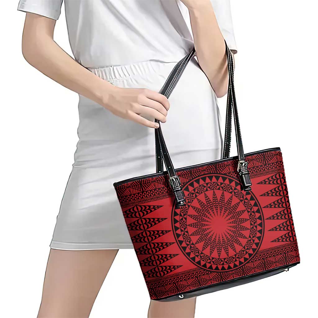 All Red Tonga Malo e lelei Leather Tote Bag Vintage Ngatu Tribal Pattern LT9 - Polynesian Pride