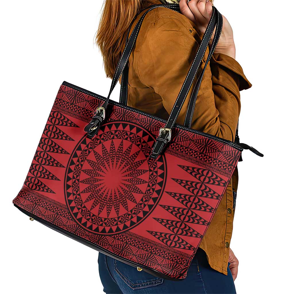 All Red Tonga Malo e lelei Leather Tote Bag Vintage Ngatu Tribal Pattern LT9 - Polynesian Pride