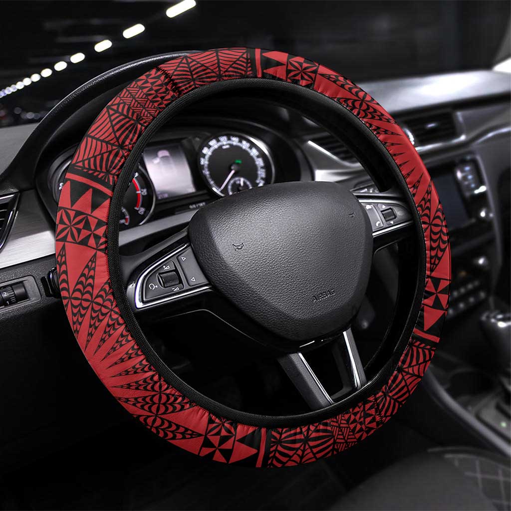 All Red Tonga Malo e lelei Steering Wheel Cover Vintage Ngatu Tribal Pattern LT9 Universal Fit Red - Polynesian Pride