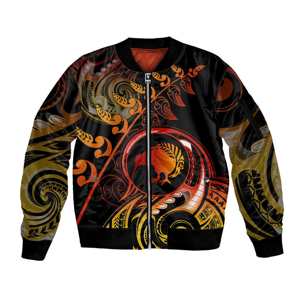 New Zealand Sleeve Zip Bomber Jacket Aotearoa Kiwi Bird Maori Fern Tattoo Arty LT9 Unisex Reggae - Polynesian Pride