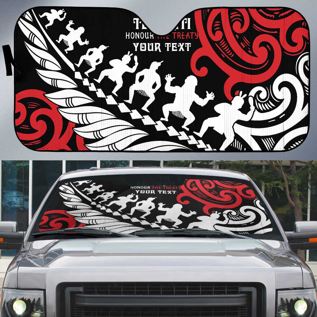 Honour The Treaty New Zealand Personalised Auto Sun Shade Toitu Te Tiriti Half Fern Haka Dance LT9 Red - Polynesian Pride