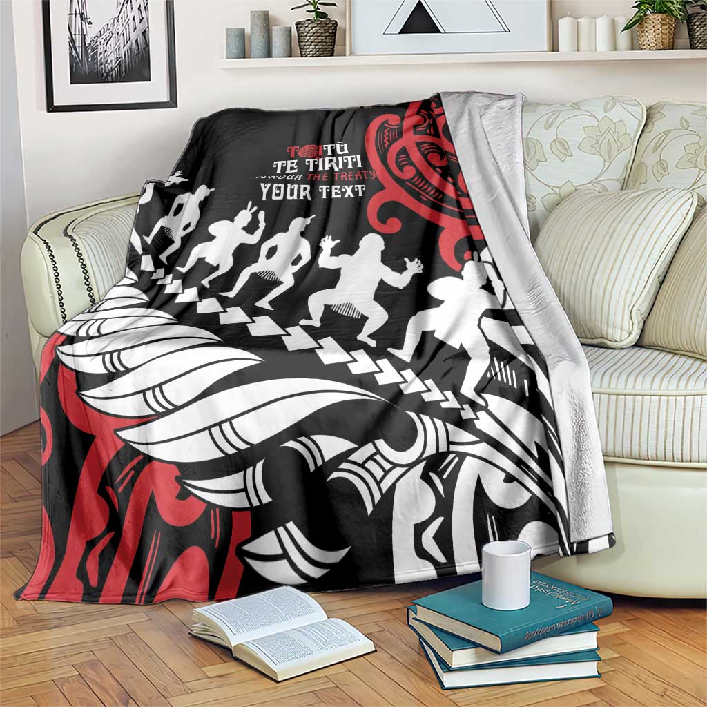 Honour The Treaty New Zealand Personalised Blanket Toitu Te Tiriti Half Fern with Haka dance LT9 Black - Polynesian Pride