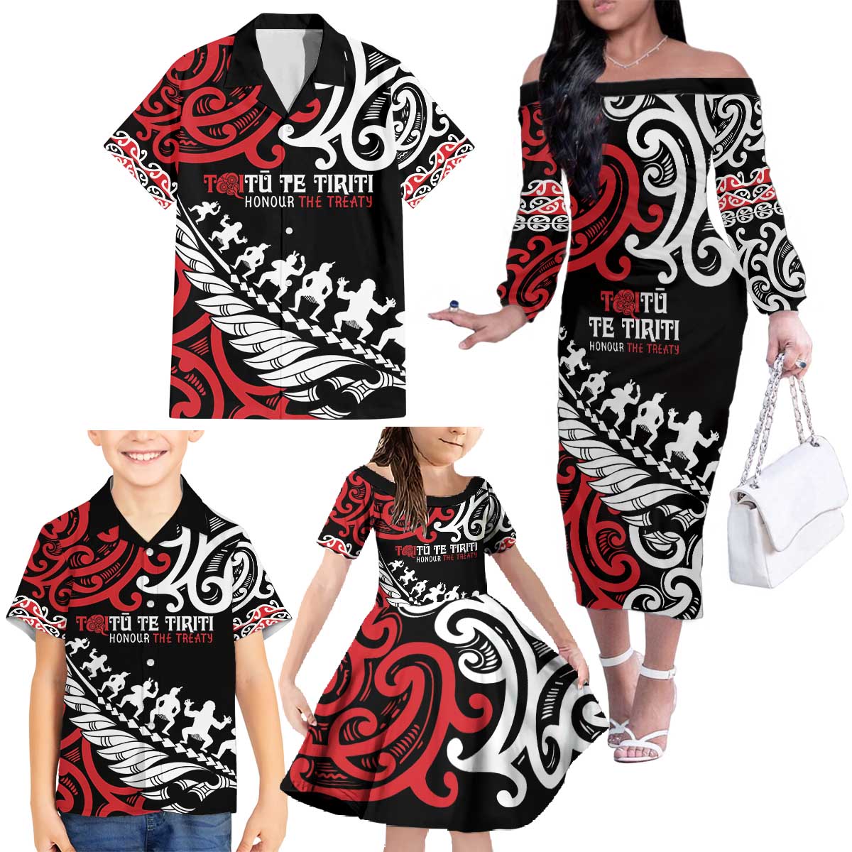 Honour The Treaty New Zealand Personalised Family Matching Off The Shoulder Long Sleeve Dress and Hawaiian Shirt Toitu Te Tiriti Half Fern with Haka dance