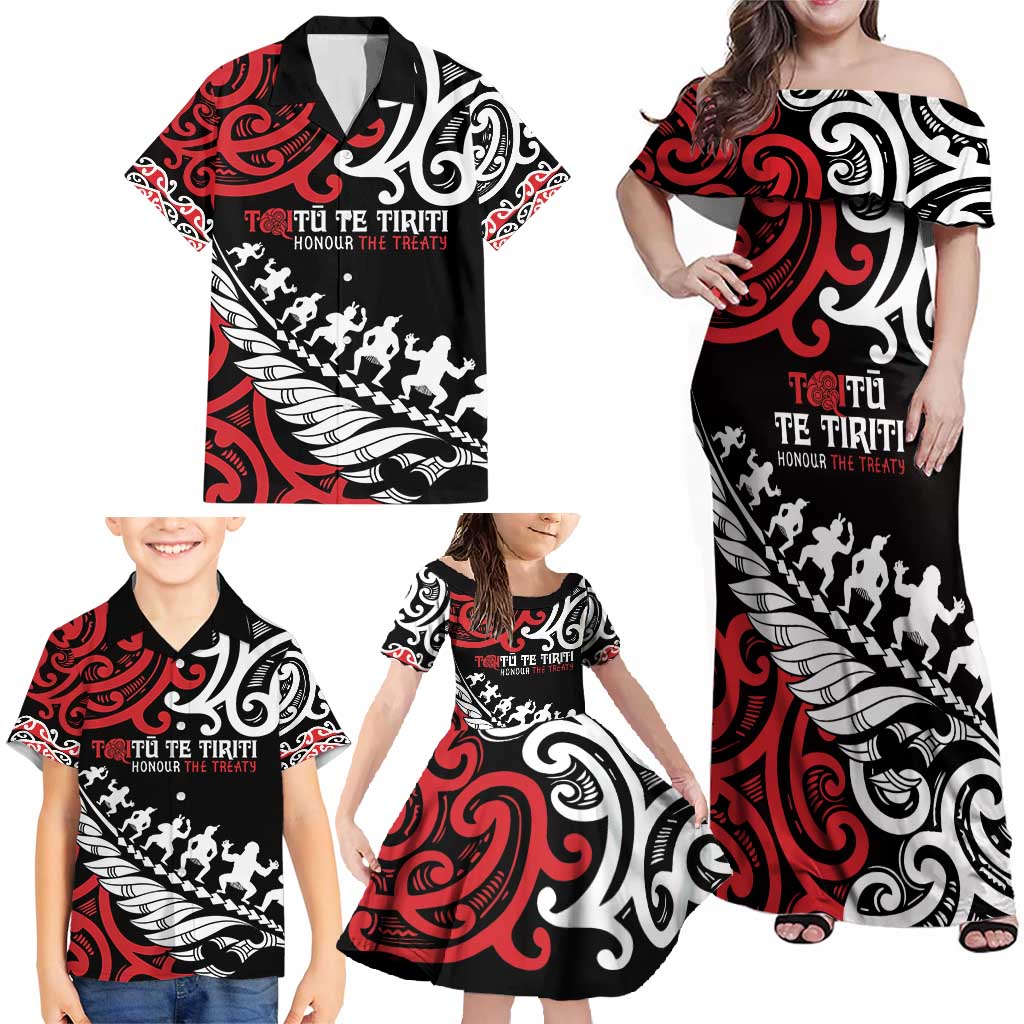 Honour The Treaty New Zealand Personalised Family Matching Off Shoulder Maxi Dress and Hawaiian Shirt Toitu Te Tiriti Half Fern with Haka dance