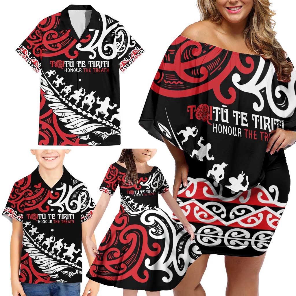 Honour The Treaty New Zealand Personalised Family Matching Off Shoulder Short Dress and Hawaiian Shirt Toitu Te Tiriti Half Fern with Haka dance