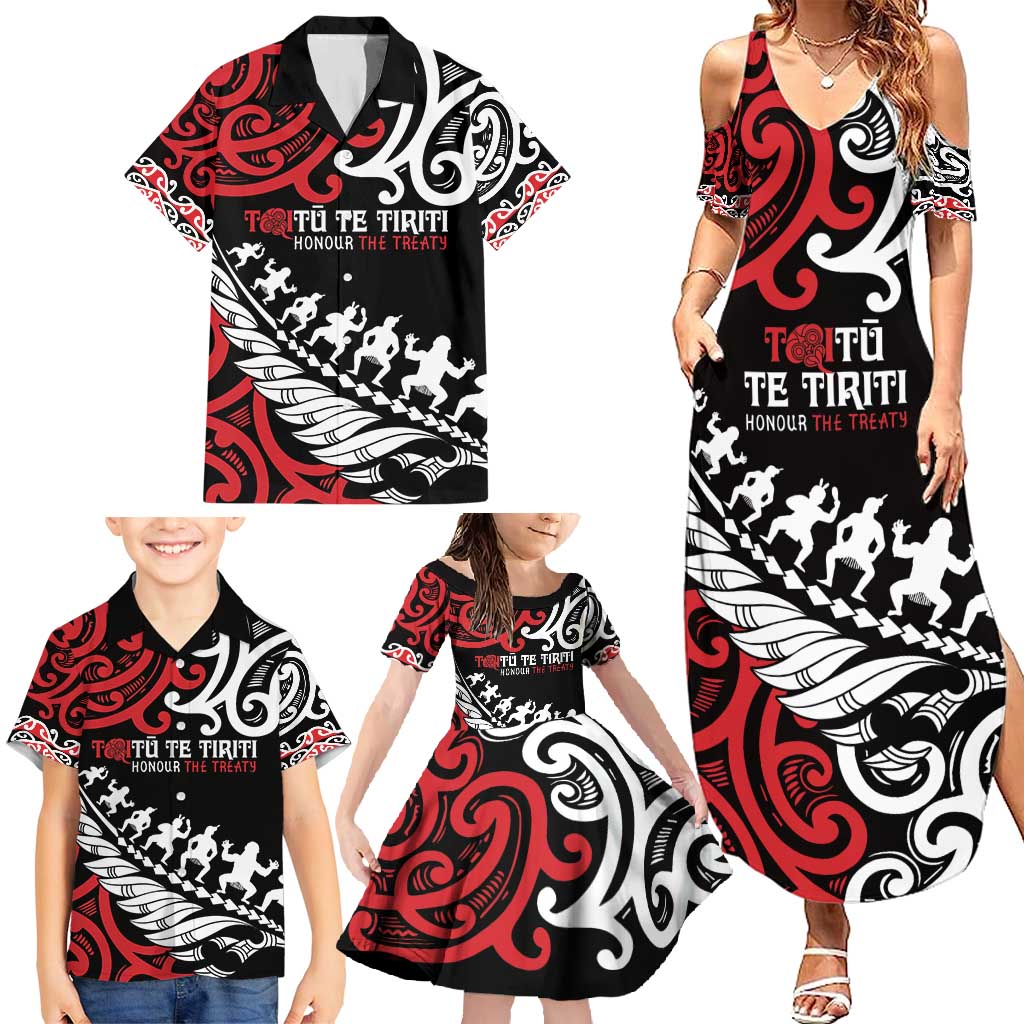 Honour The Treaty New Zealand Personalised Family Matching Summer Maxi Dress and Hawaiian Shirt Toitu Te Tiriti Half Fern with Haka dance