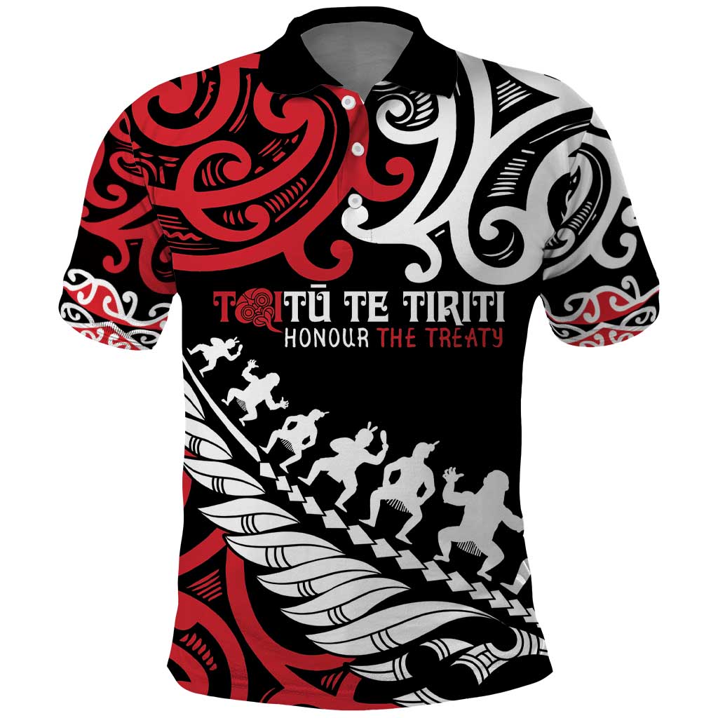 Honour The Treaty New Zealand Personalised Polo Shirt Toitu Te Tiriti Half Fern with Haka dance LT9 Black - Polynesian Pride