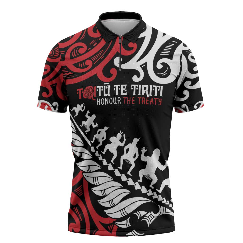 Honour The Treaty New Zealand Personalised Zipper Polo Shirt Toitu Te Tiriti Half Fern Haka Dance LT9 Red - Polynesian Pride