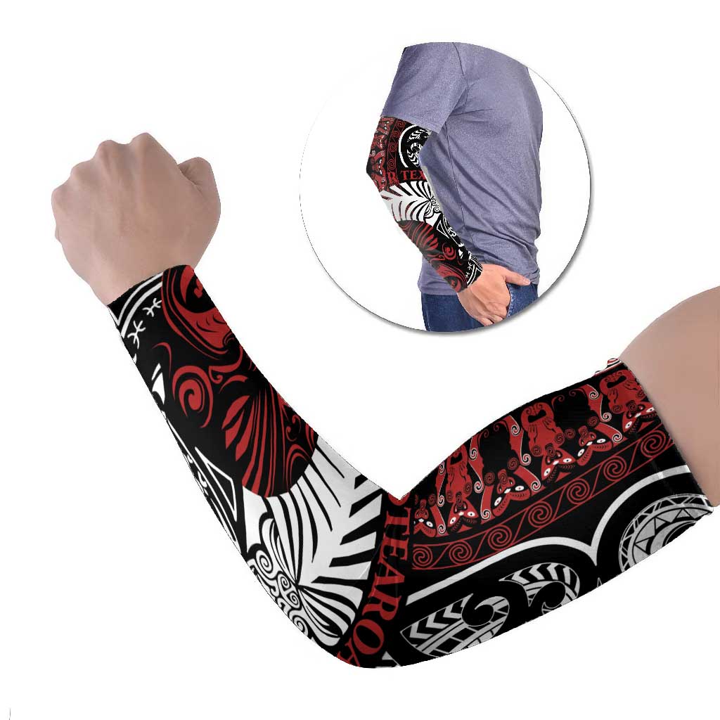 Honour The Treaty New Zealand Personalised Arm Sleeves Toitu Te Tiriti Indigenous Maori Face LT9 Set of 2 Red - Polynesian Pride