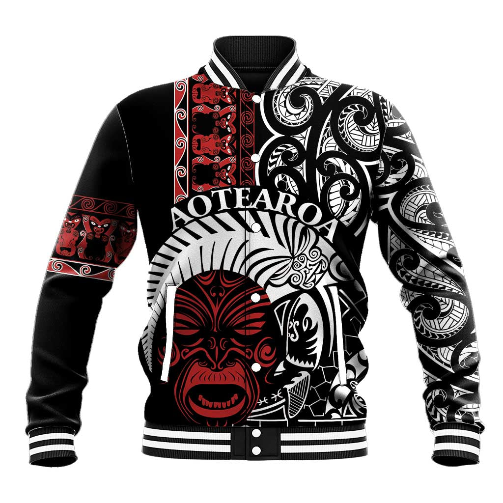 Honour The Treaty New Zealand Personalised Baseball Jacket Toitu Te Tiriti Indigenous Maori Face LT9 Unisex Black - Polynesian Pride