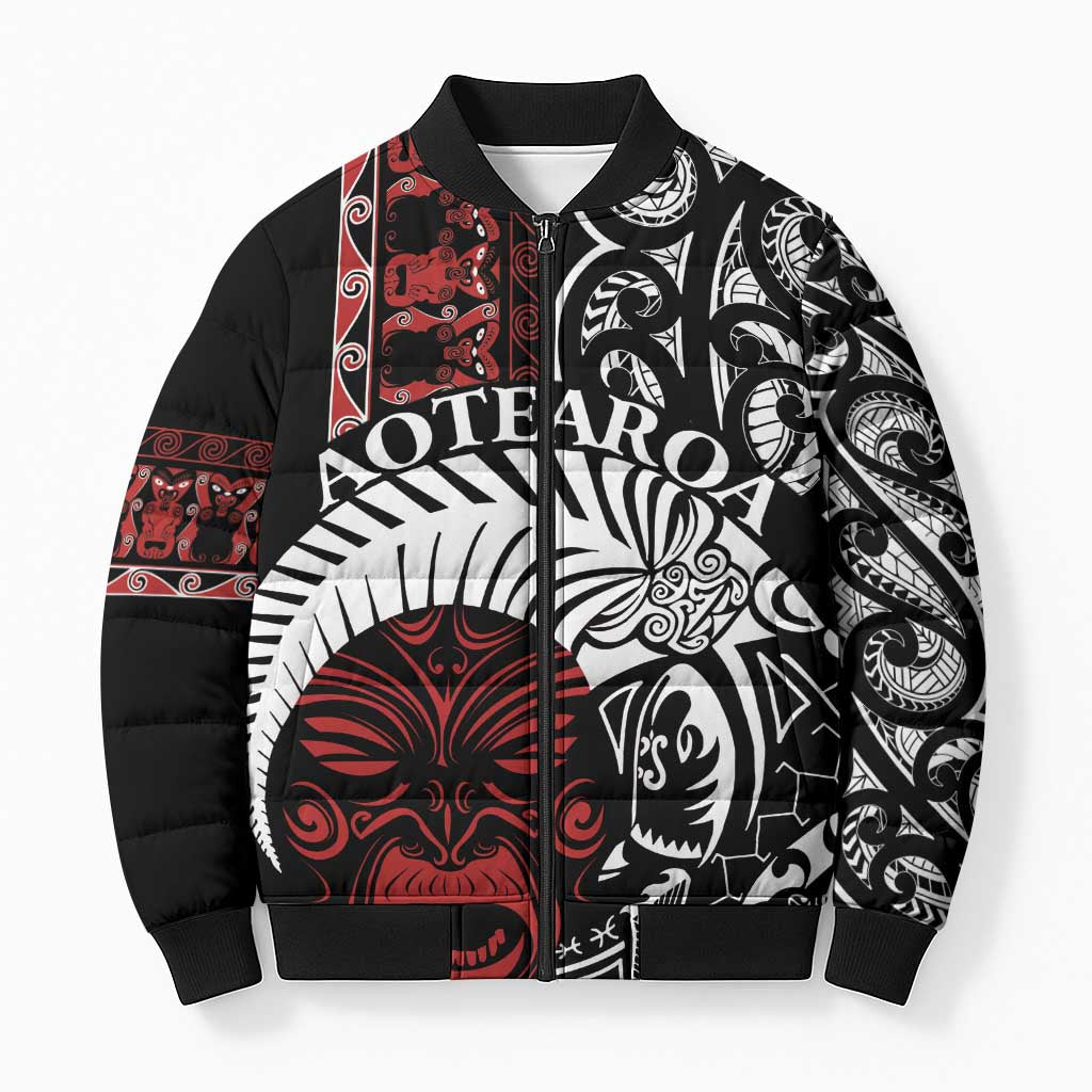 Honour The Treaty New Zealand Personalised Bomber Puffer Jacket Toitu Te Tiriti Indigenous Maori Face LT9 Unisex Red - Polynesian Pride